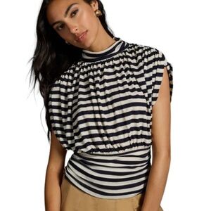 nwt!! anthropologie maeve ruched mock neck striped short sleeve top